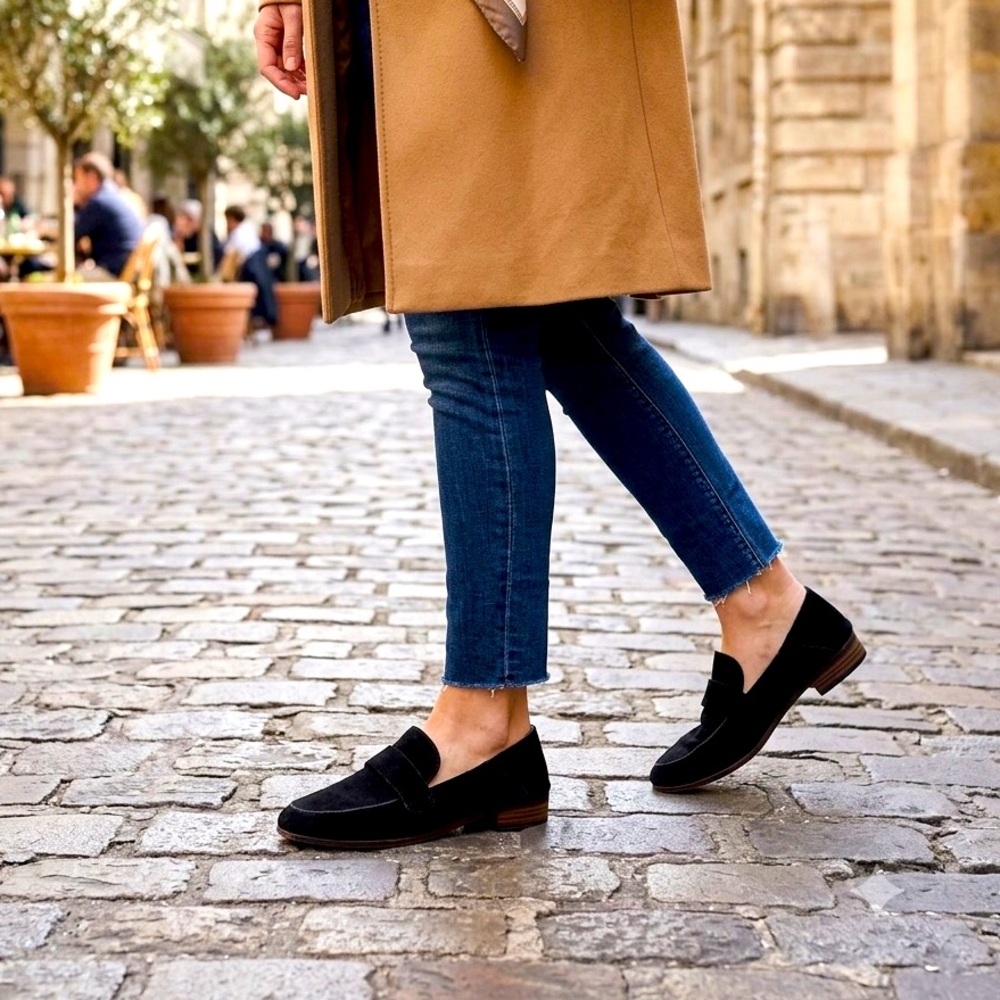 Lucky Brand Chennie Black Suede Penny Loafers Slip On Flat Shoes NWOT Size 10M